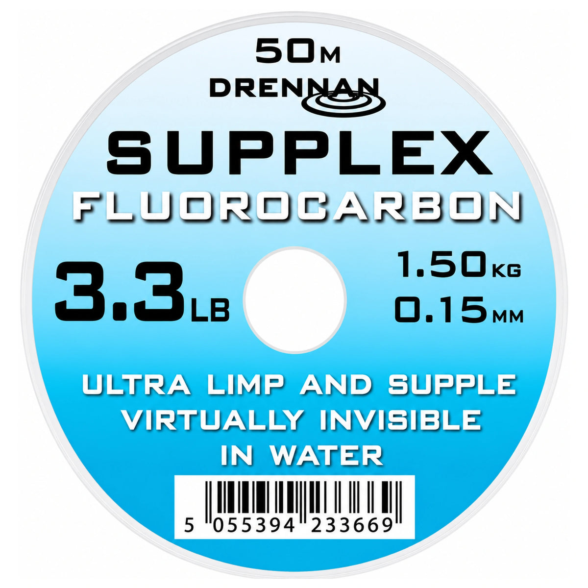 Lichtblauw rond Drennan Supplex Fluorocarbon-label met 50 m, 3.3 lb, 1.50 kg en 0.15 mm-opdruk