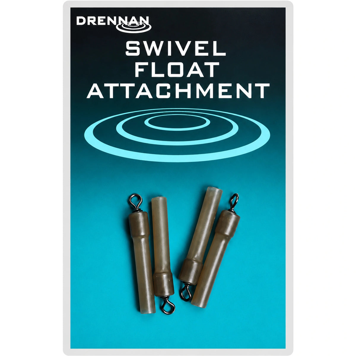Drennan Swivel Float Attachment – vier olijfgrijze wartelbevestigingen met zwarte ogen op een turquoise verpakkingskaart.
