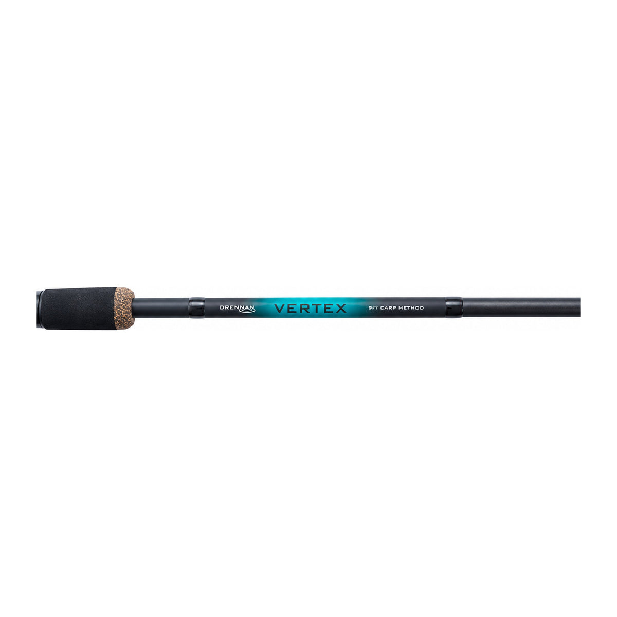 Drennan Vertex Carp Method 9ft – horizontale close-up met Drennan-logo, turquoise Vertex-opdruk en 9ft-modelaanduiding