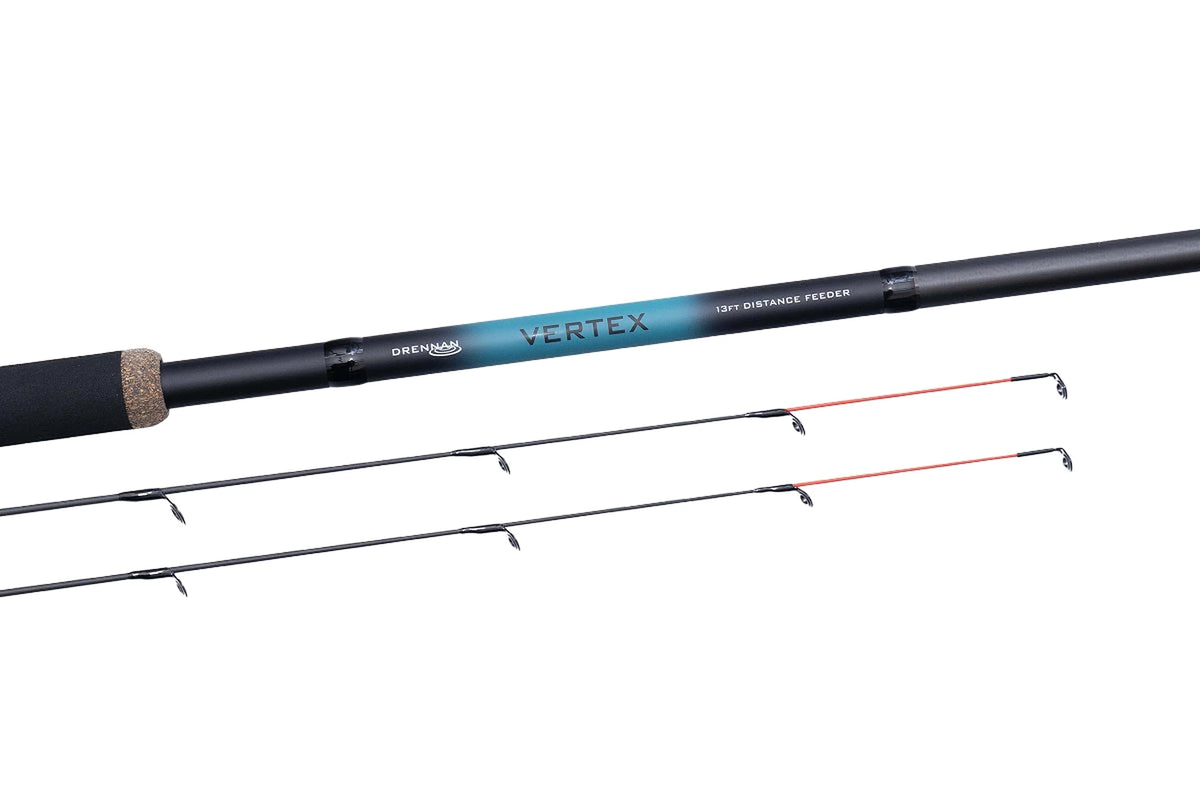Drennan Vertex Distance Feeder – 13 ft-modelopdruk met twee losse rode feedertoppen