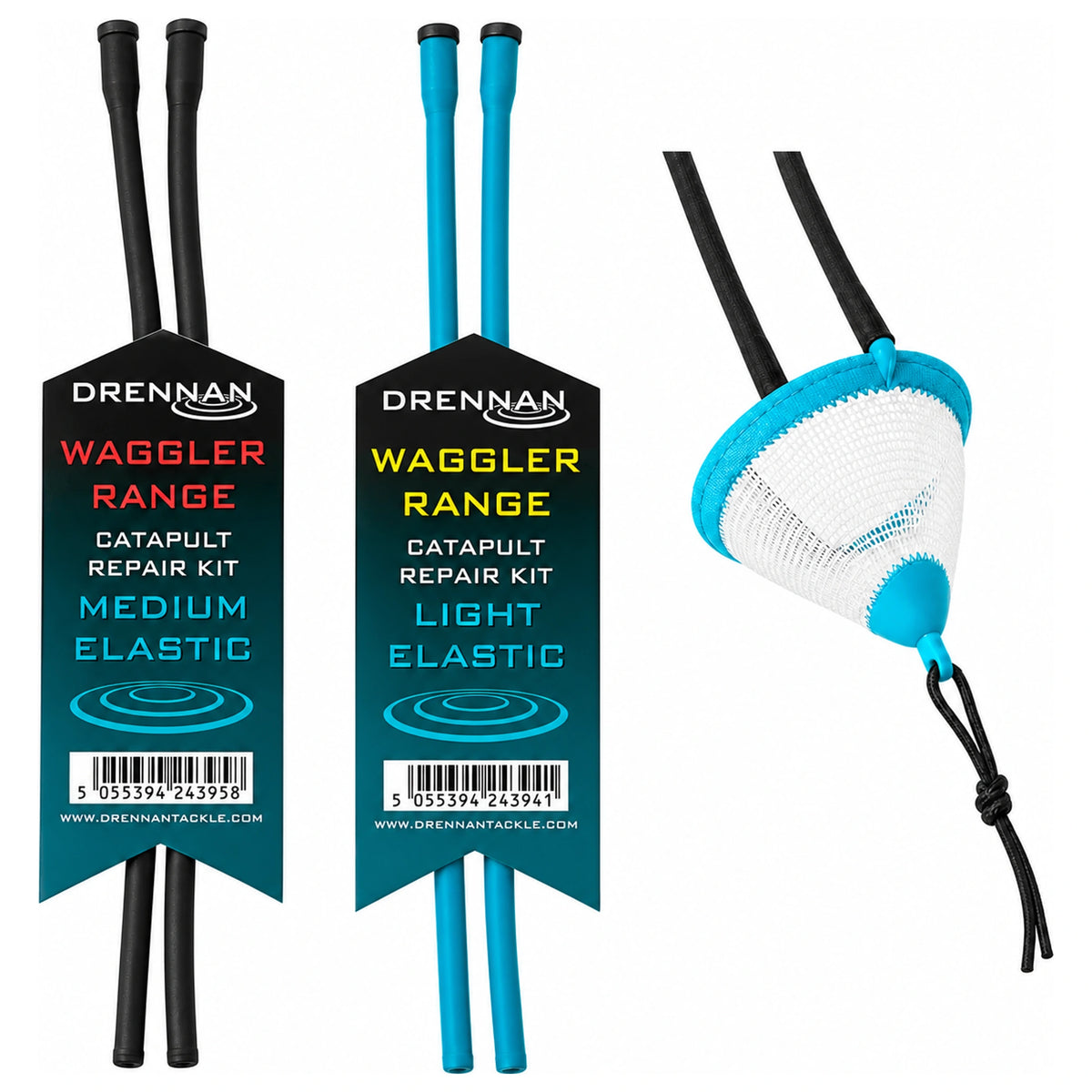 Drennan Waggler Range reparatiesets met zwart en blauw elastiek en wit gaasmandje met blauwe rand