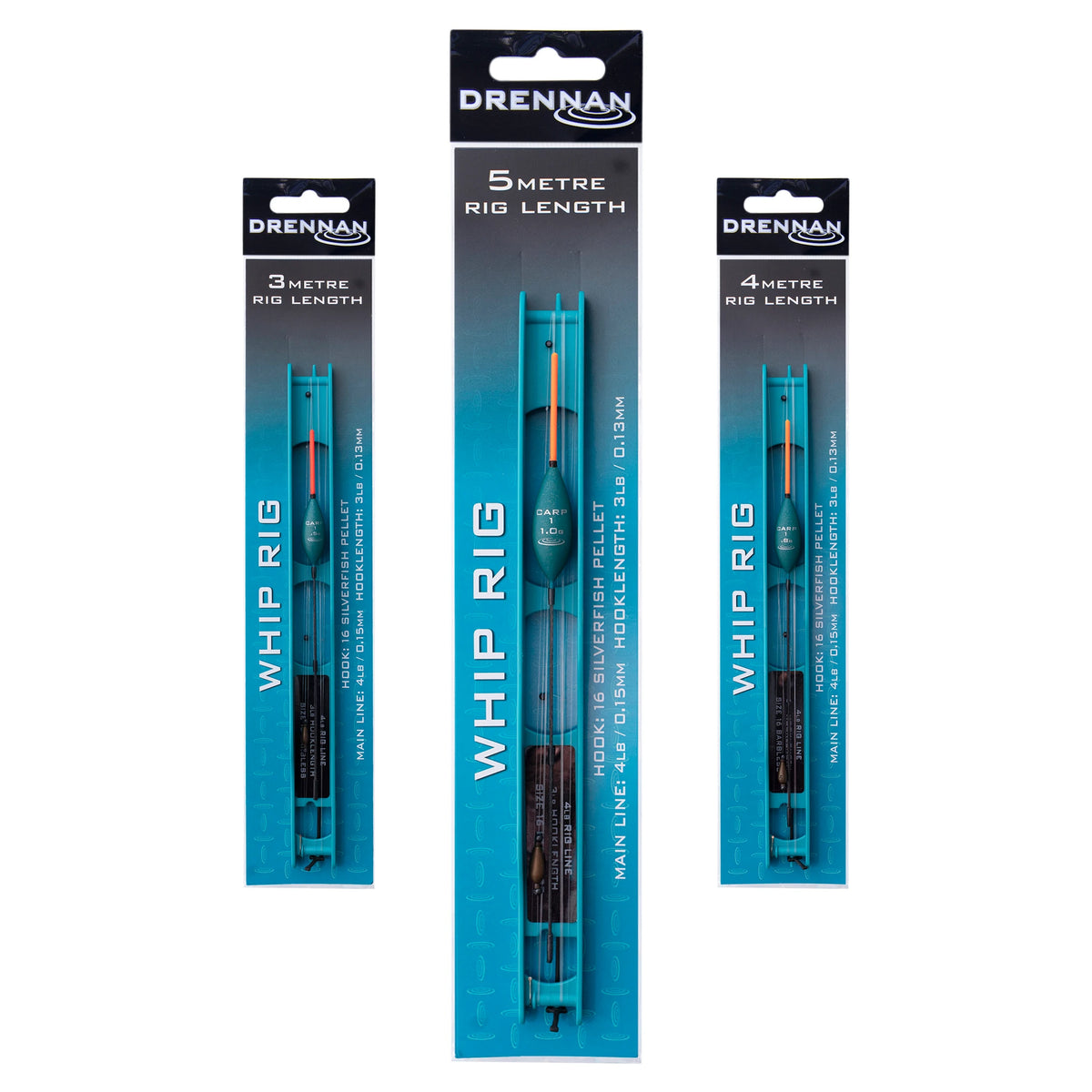 Drennan Whip Rigs – 5 m vooraan, met 3 m links en 4 m rechts achteraan