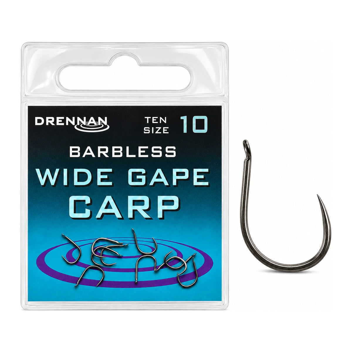 Drennan Wide Gape Carp Barbless haak maat 10 – verpakking en losse haak