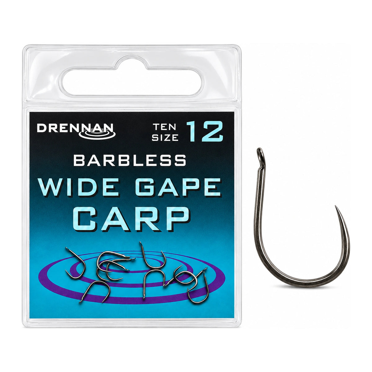 Drennan Wide Gape Carp Barbless haak maat 12 – verpakking en losse haak