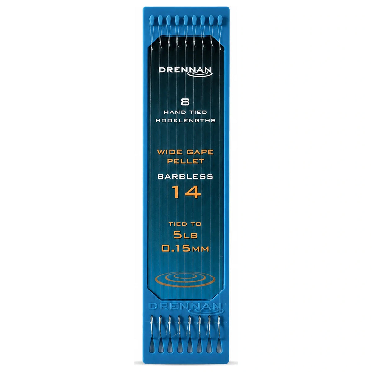 Drennan Wide Gape Pellet Barbless – blauwe plaat met acht onderlijnen, maat 14 en 0,15 mm