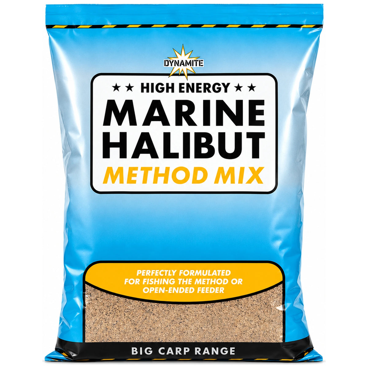 Blauwe zak Dynamite Baits Marine Halibut Method Mix op witte achtergrond.