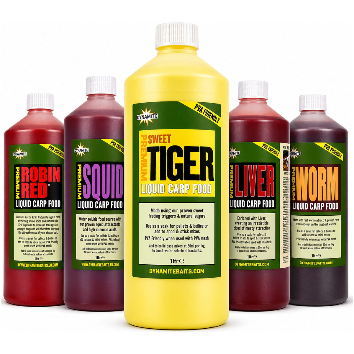Vijf flessen Dynamite Baits Liquid Carp Food met een grotere gele Sweet Tiger-fles centraal.