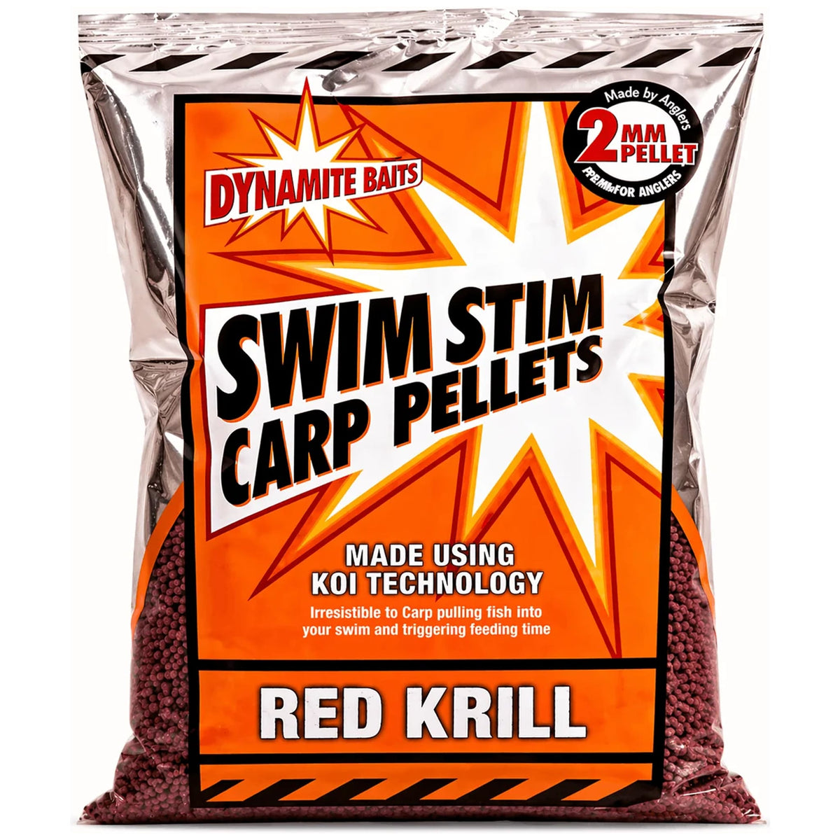 Zak Dynamite Baits Swim Stim Carp Pellets Red Krill met 2 mm-aanduiding.