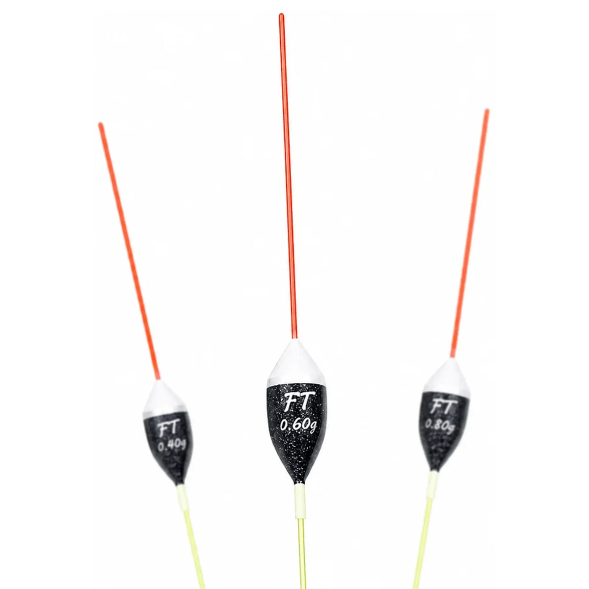 Drie zwart-witte Fishing Things FT pastedobbers met rode antennes en opdruk 0.40g, 0.60g en 0.80g