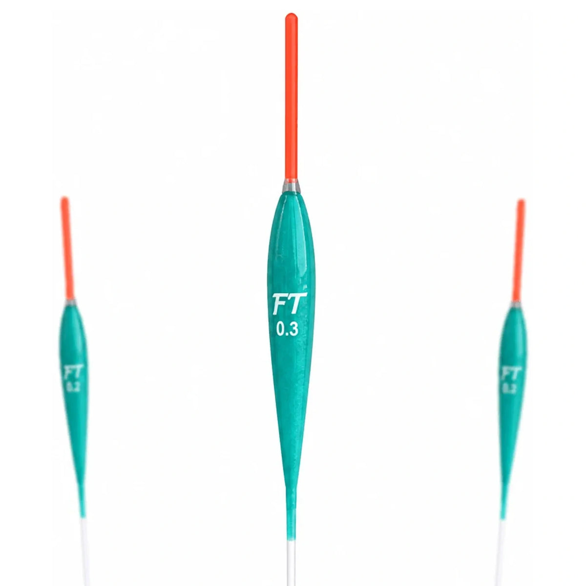 Drie turquoise Fishing Things FT dobbers met rode antennes en centrale opdruk 0.3