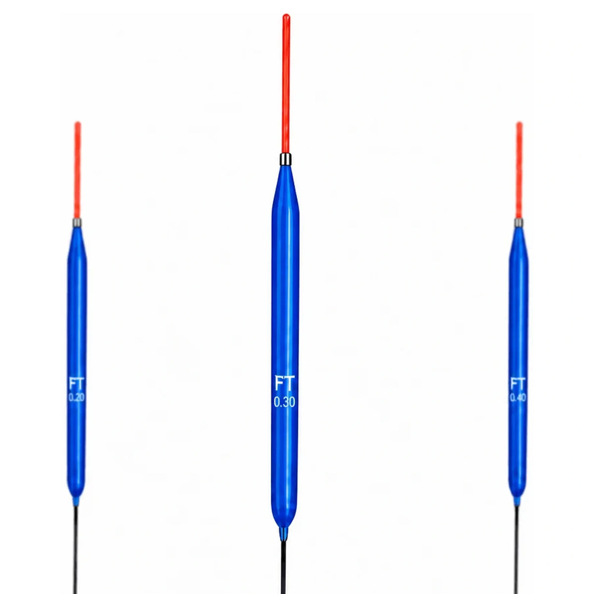 Drie slanke blauwe Fishing Things FT3 Titanium dobbers met rode antenne
