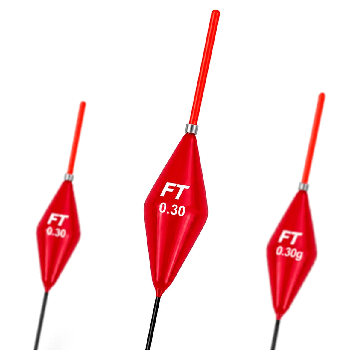 Fishing Things FT4 Titanium 0.30 – drie rode dobbers met centraal de 0.30-uitvoering