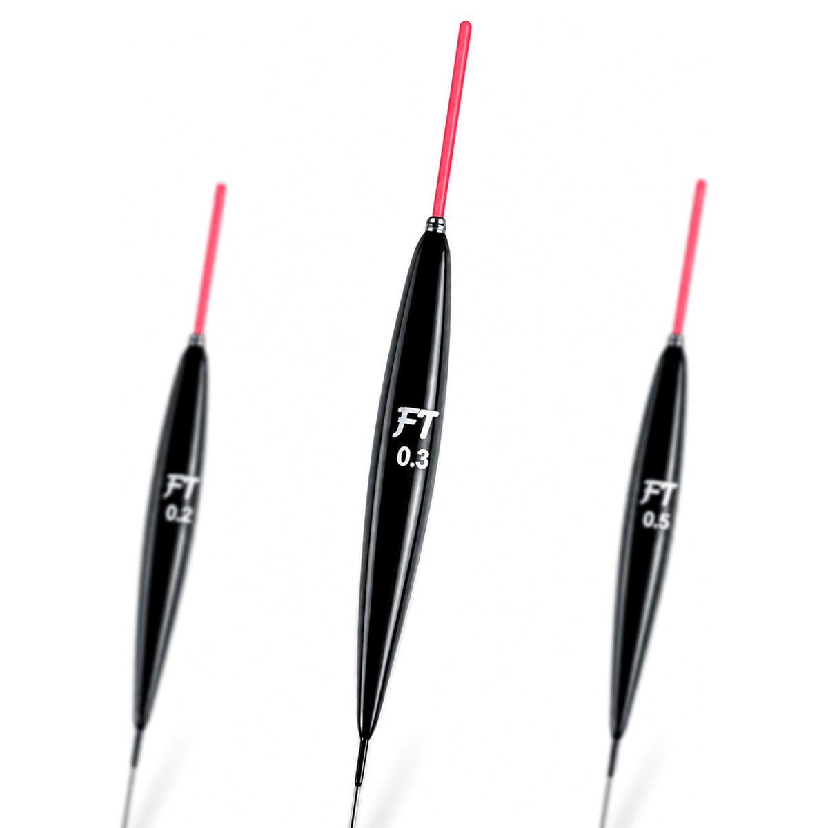 Fishing Things FT51: drie zwarte dobbers met rode antennes, middelste groter op witte achtergrond