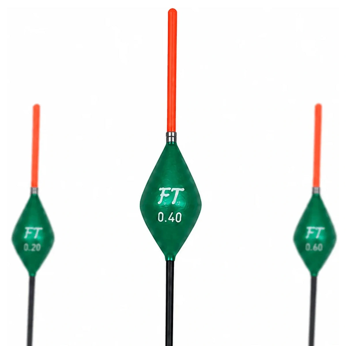 Drie groene Fishing Things FT64 dobbers met oranje antenne en zwarte ondersteel