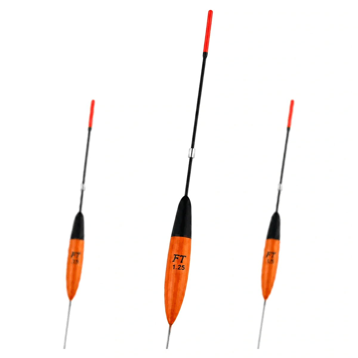 Fishing Things FT65: drie rode dobbers met oranje lichaam, middelste dobber 1.25g op witte achtergrond