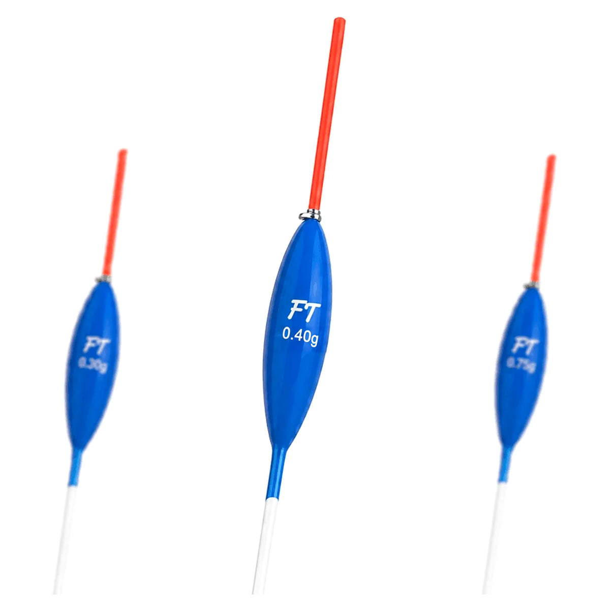 Fishing Things FT8 0.40g – drie blauwe dobbers met rode antennes en centraal de 0.40g-uitvoering