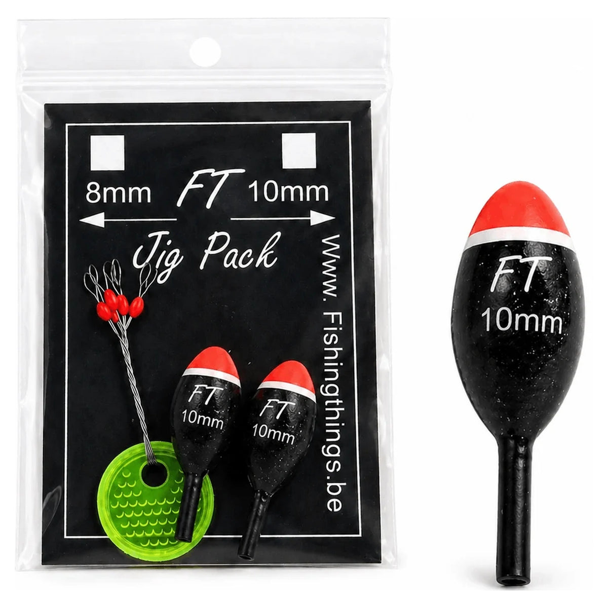 Fishing Things Jig Pack 10 mm – verpakking met twee jiggers, rode stoppers en vergroot detail