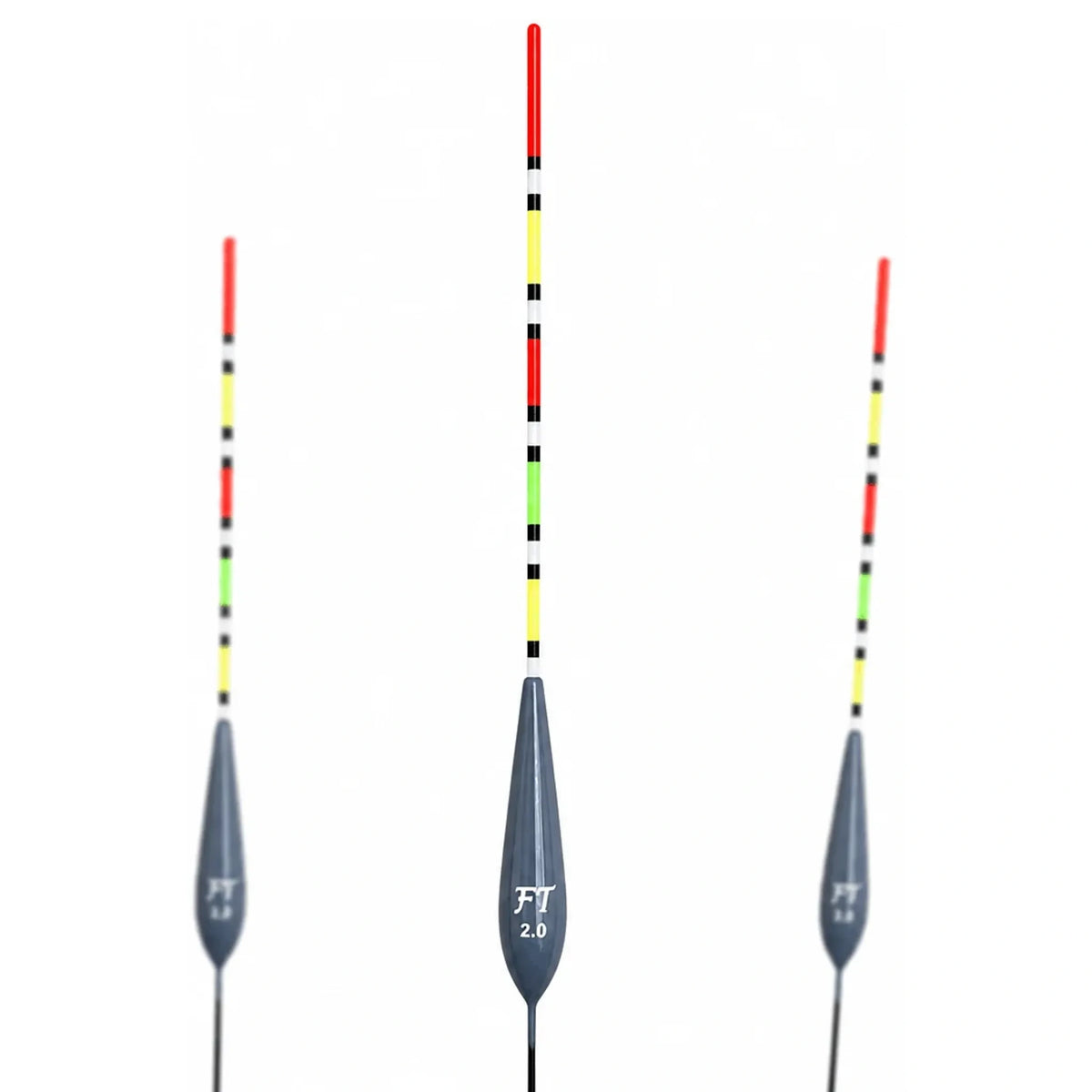 Drie grijze Fishing Things FT matchdobbers met meerkleurige antennes en centrale opdruk 2.0