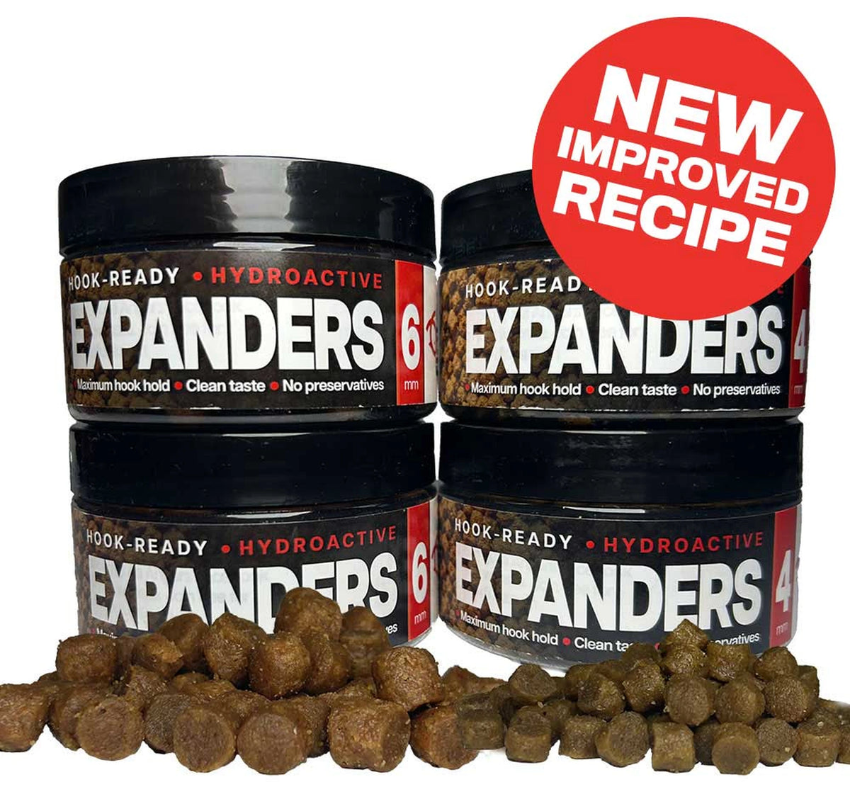 Fjuka Hook-Ready Expanders 4 mm en 6 mm: verpakkingen en vergelijking van de pelletformaten
