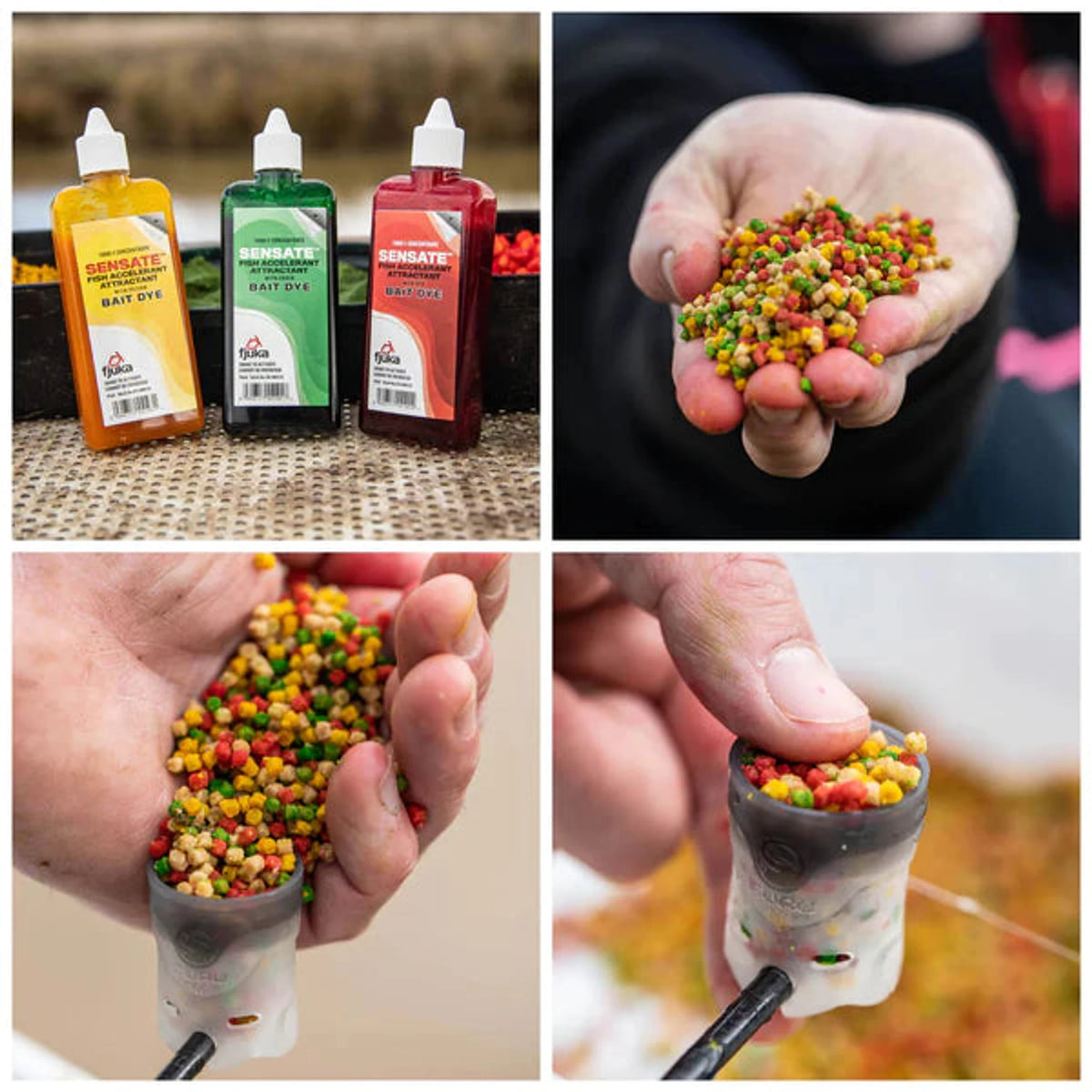 Fjuka Sensate Bait Dye – toepassingen op voer en in een voerkorf