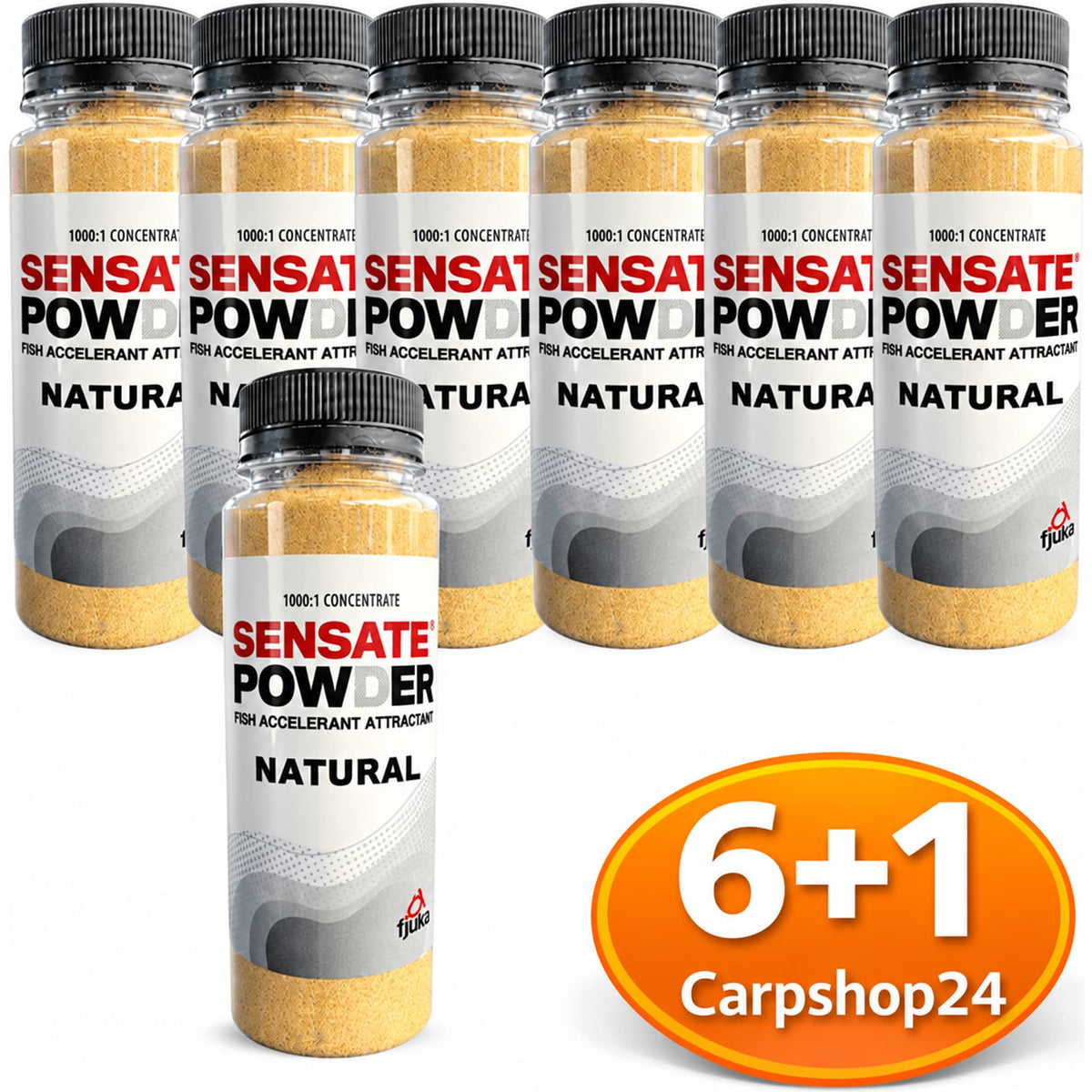 Fjuka Sensate Powder Natural – zeven flesjes geel poeder met zwarte doppen en oranje 6+1-badge.
