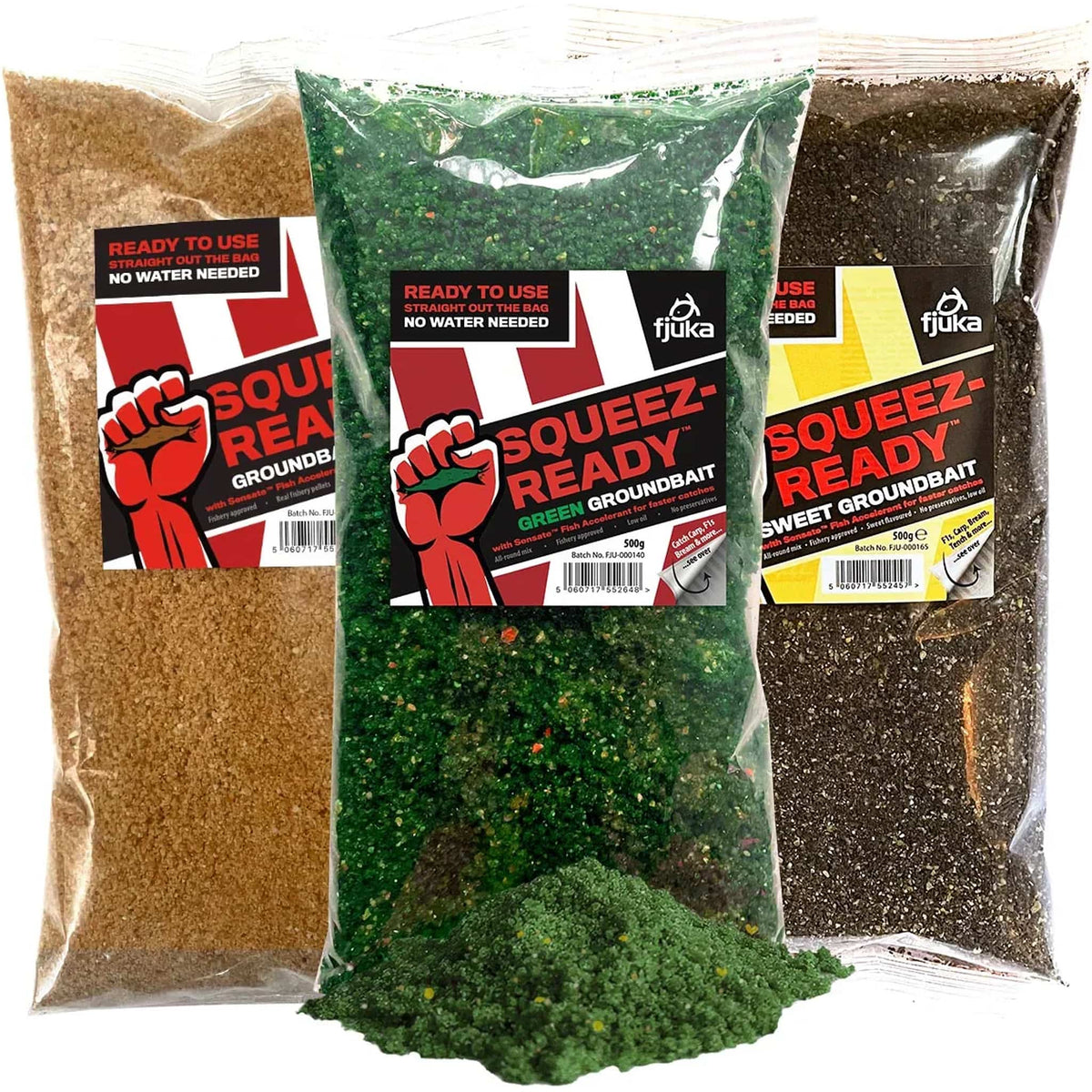 Fjuka Squeez-Ready Groundbait 500 g – Natural, Green en Sweet kant-en-klaar grondvoer samen