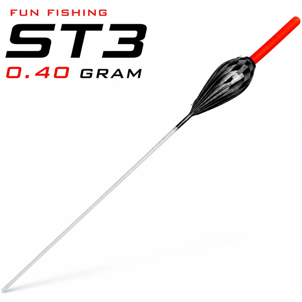 Fun Fishing ST 3-dobber met zwarte romp, rode antenne en 0.40 GRAM-aanduiding.