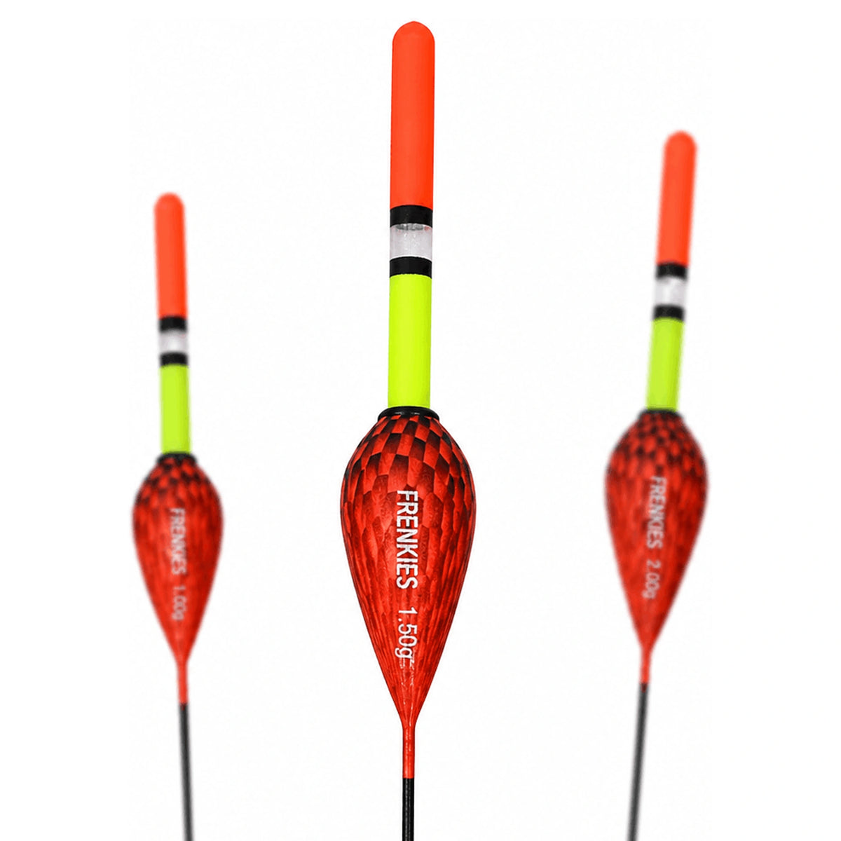 Drie rode Frenkies-dobbers met ruitpatroon en meerkleurige antennes, midden 1,50 g