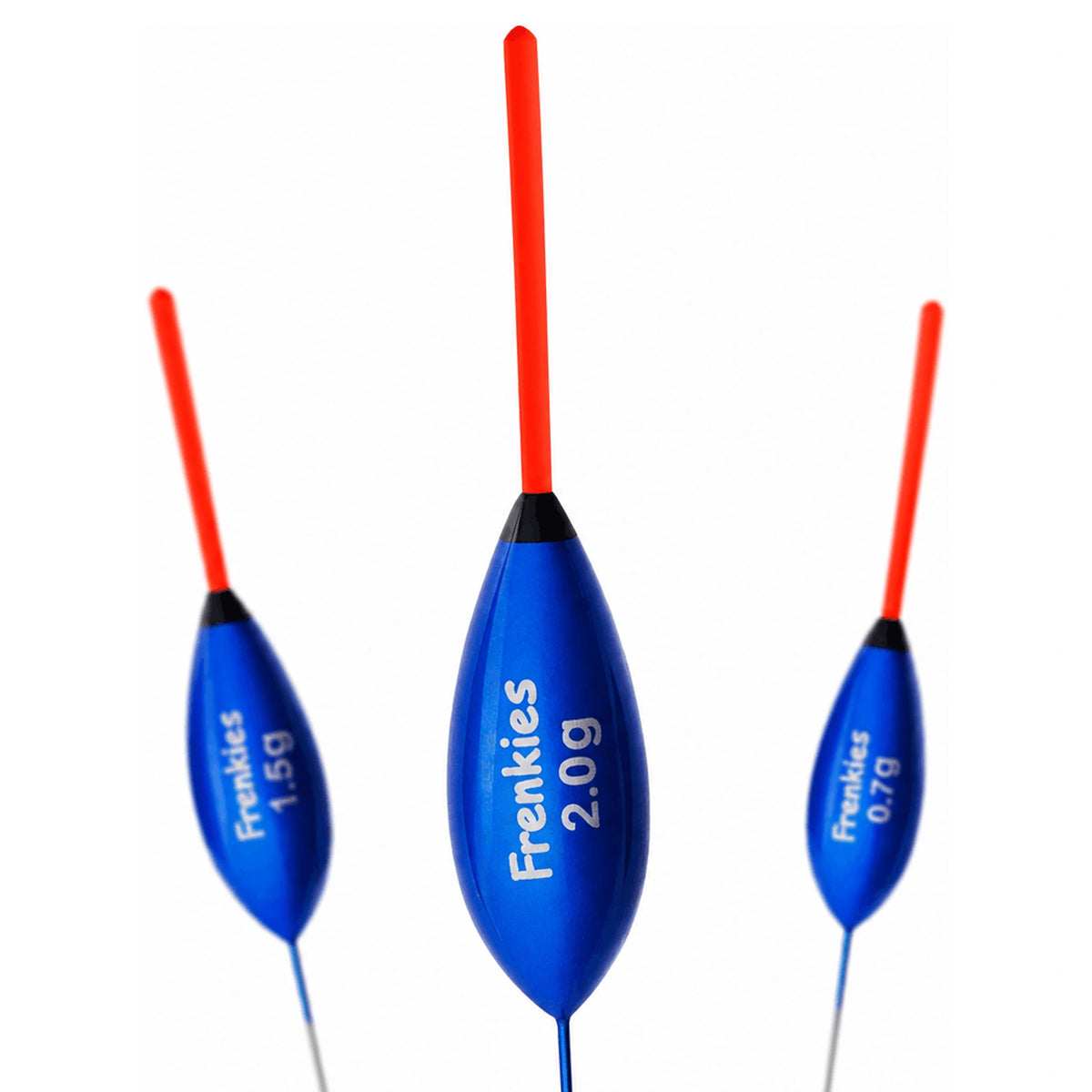 Drie blauwe Frenkies-dobbers met rode antennes en 2,0 g op de middelste