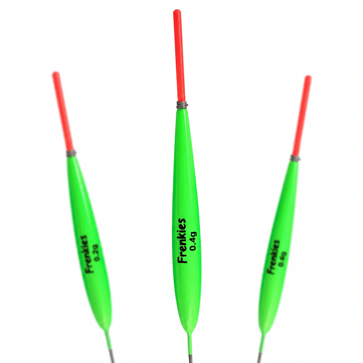 Drie groene Frenkies-dobbers met rode antennes en 0,4 g op de middelste