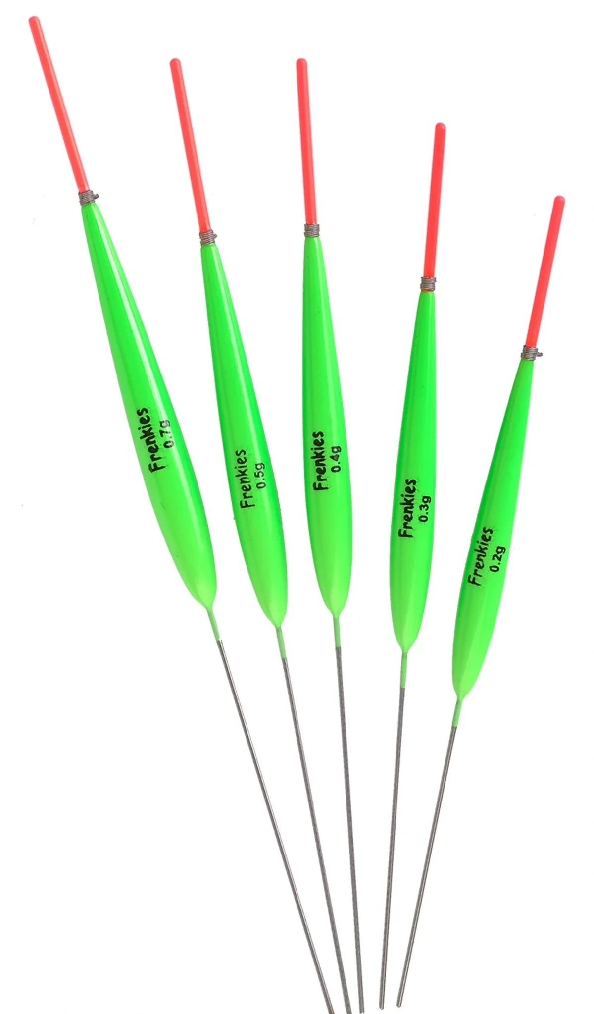 Vijf groene Frenkies Glenn-dobbers met rode antennes, van 0,2 tot 0,7 gram