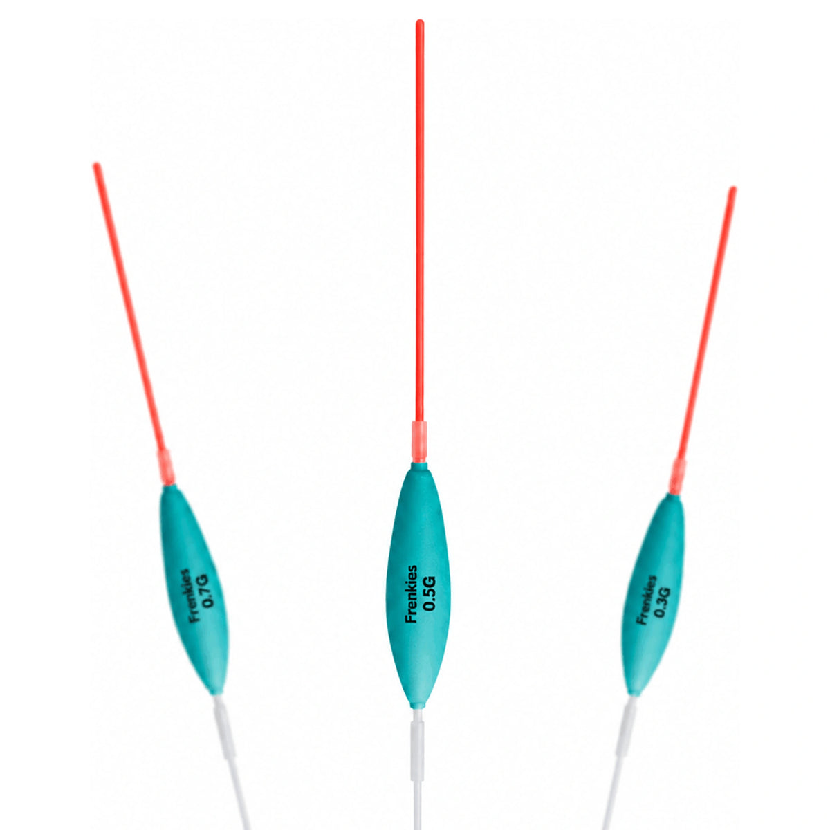 Drie turquoise Frenkies-dobbers met lange rode antennes en 0,5 g op de middelste