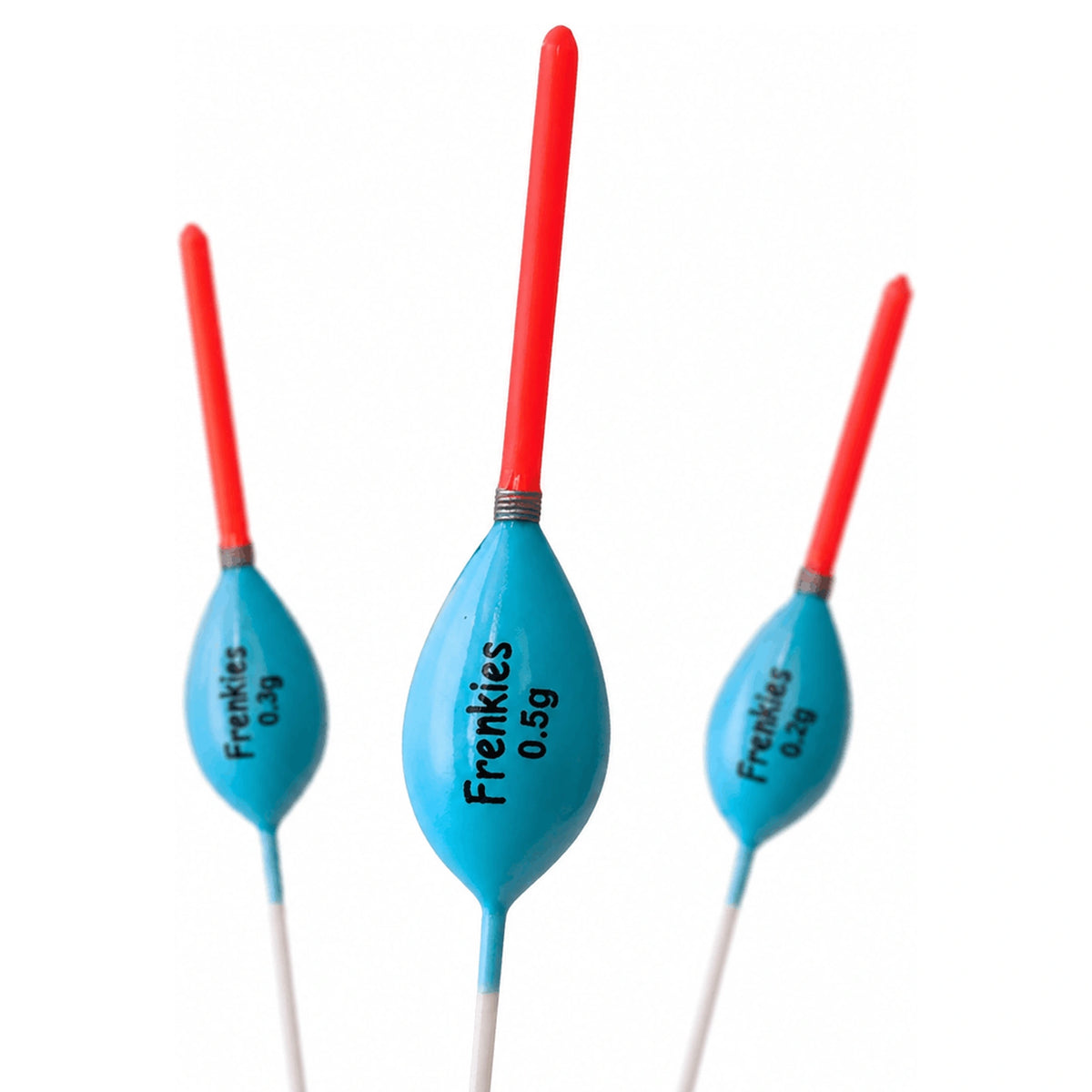 Drie blauwe Frenkies-dobbers met rode antennes, metalen ringen en 0,5 g op de middelste