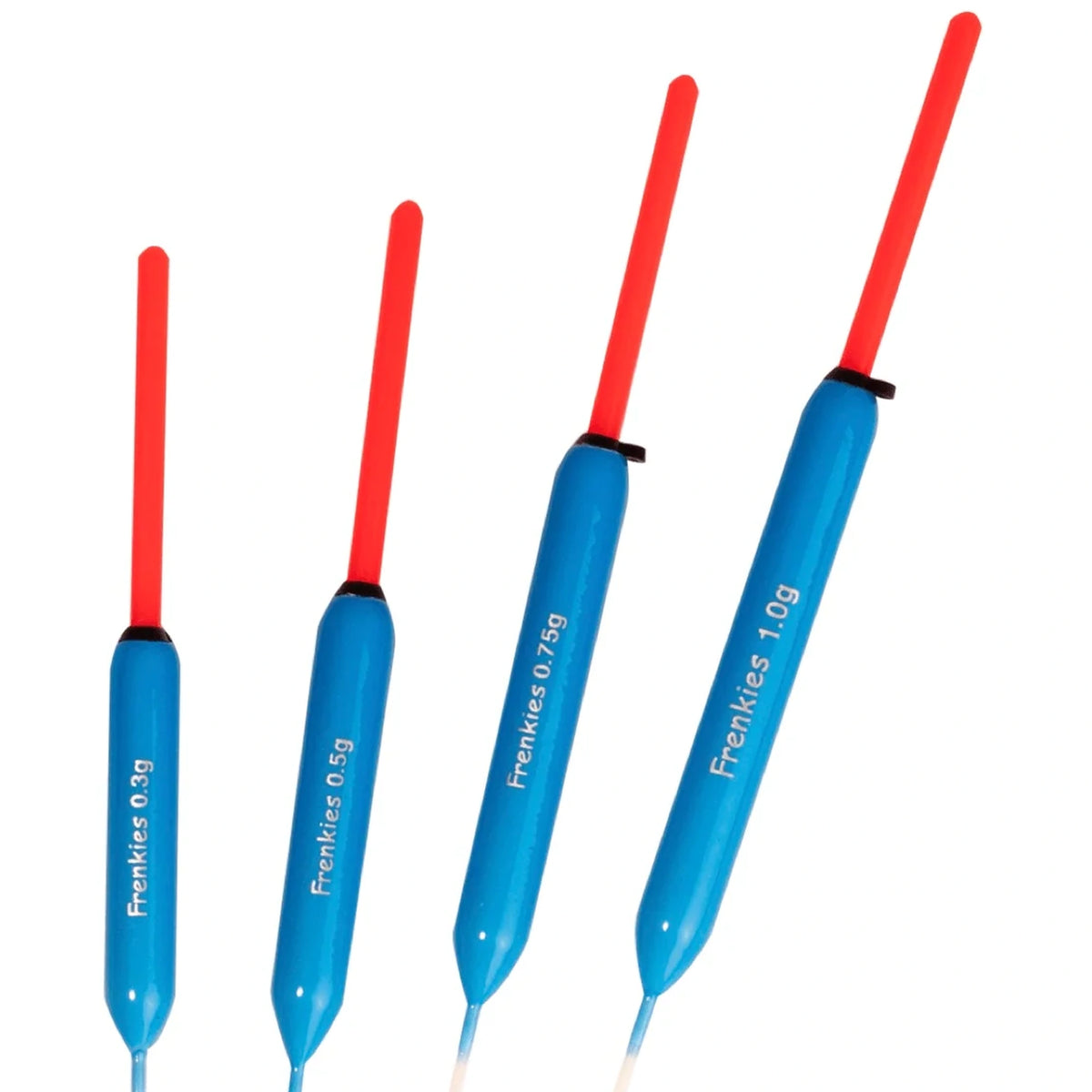 Frenkies Leo – vier blauwe dobbers met rode antennes in 0,3 g, 0,5 g, 0,75 g en 1,0 g