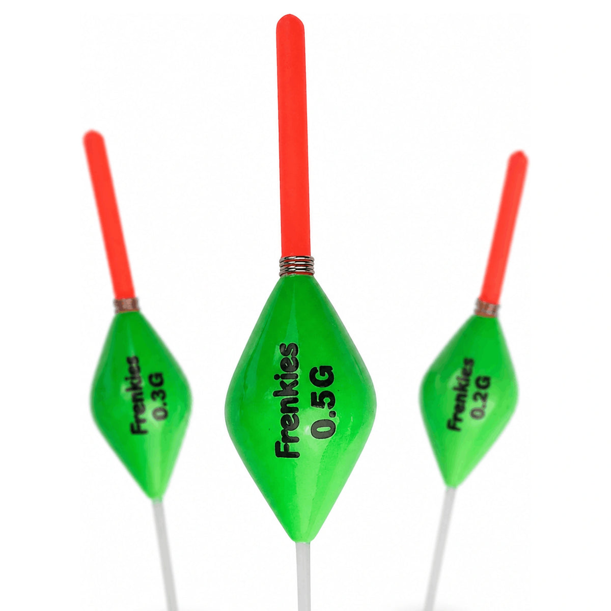 Drie groene Frenkies-dobbers met rode antennes, metalen ringen en 0,5 g op de middelste