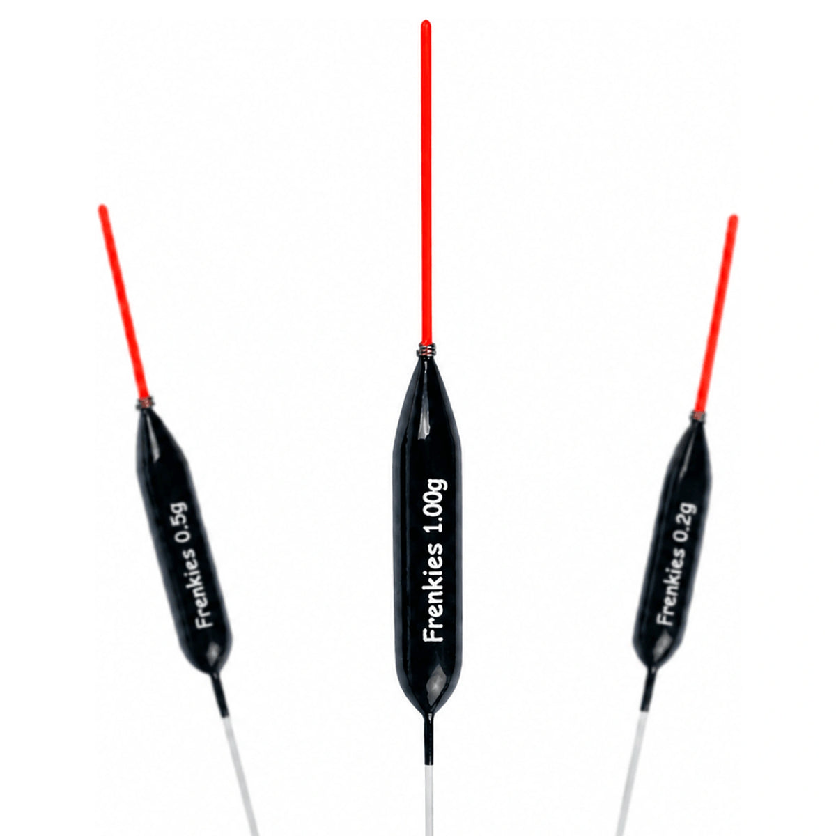 Drie slanke zwarte Frenkies-dobbers met rode antennes en 1,00 g op de middelste