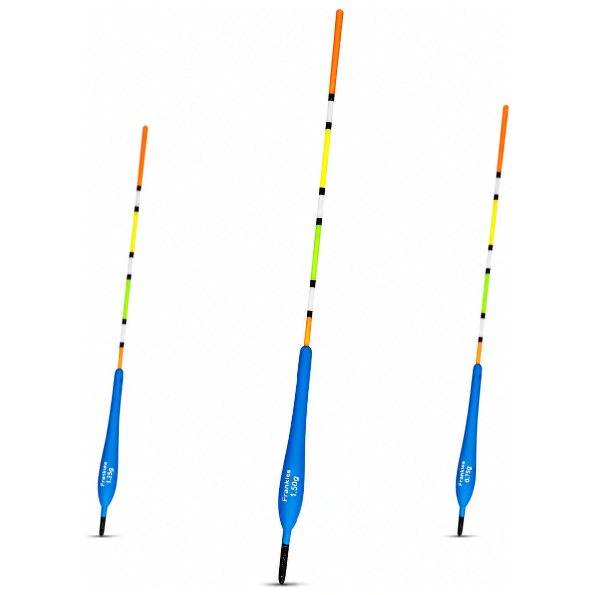 Drie blauwe Frenkies-dobbers met lange meerkleurige antennes en 1,50 g op de middelste