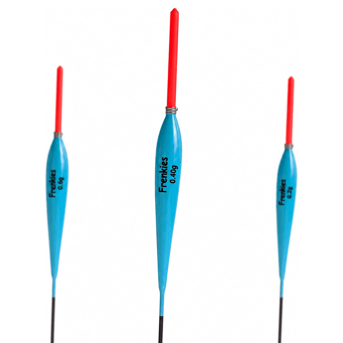 Drie slanke blauwe Frenkies-dobbers met rode antennes en 0,40 g op de middelste