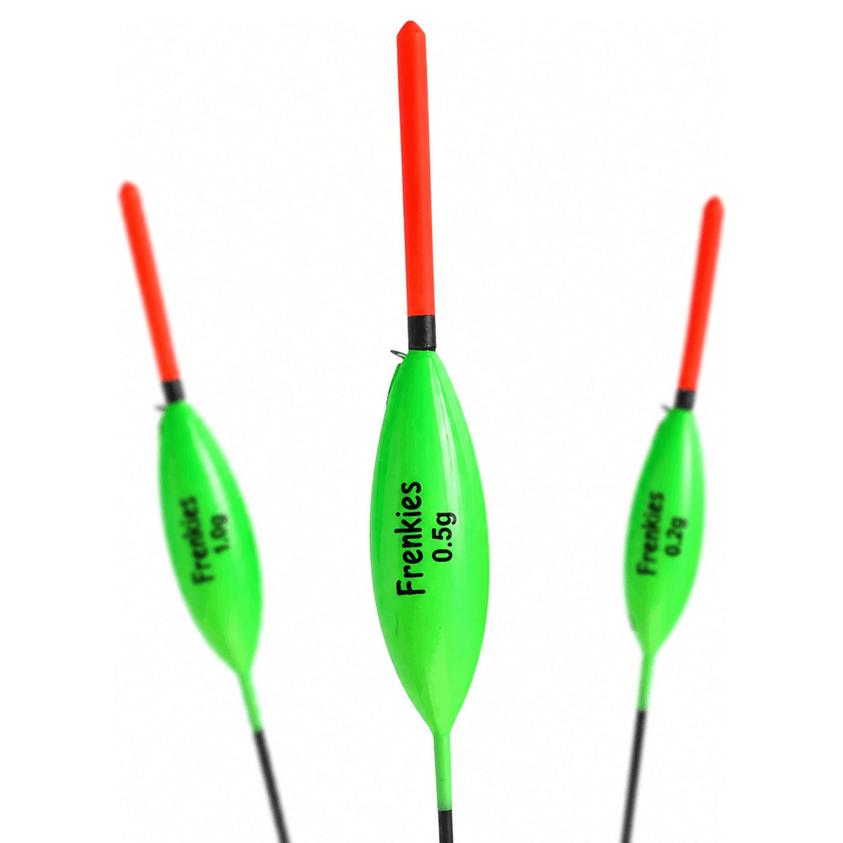 Drie groene Frenkies-dobbers met rode antennes en 0,5 g op de middelste