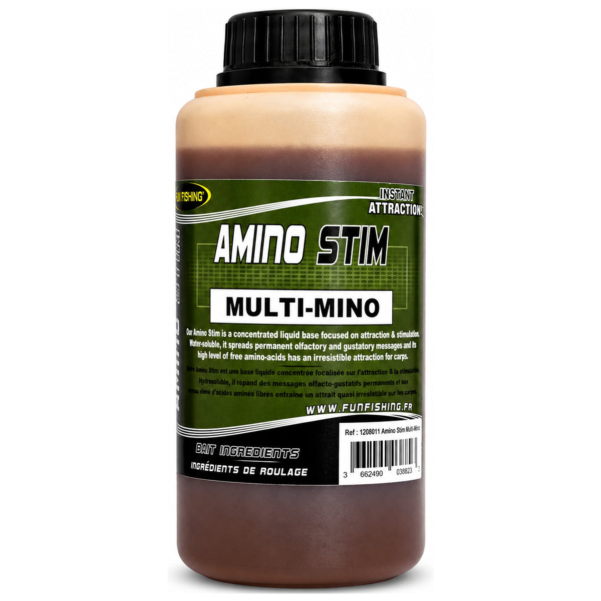 Fun Fishing Amino Stim Multi-Mino – fles met zwarte dop en groen etiket
