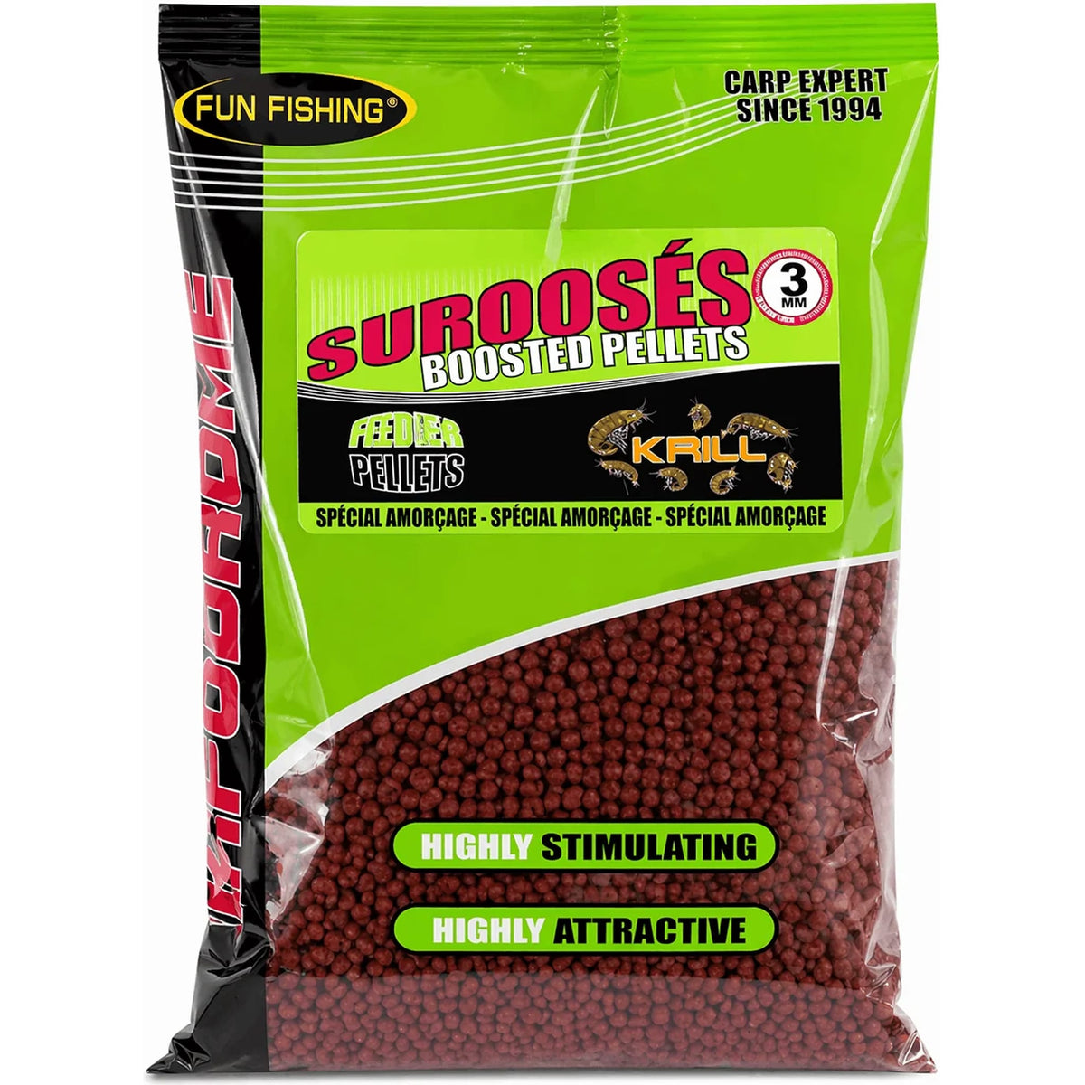 Fun Fishing Boosted Pellets Krill – groene zak met rode pellets, krillafbeeldingen en 3 mm-opdruk.