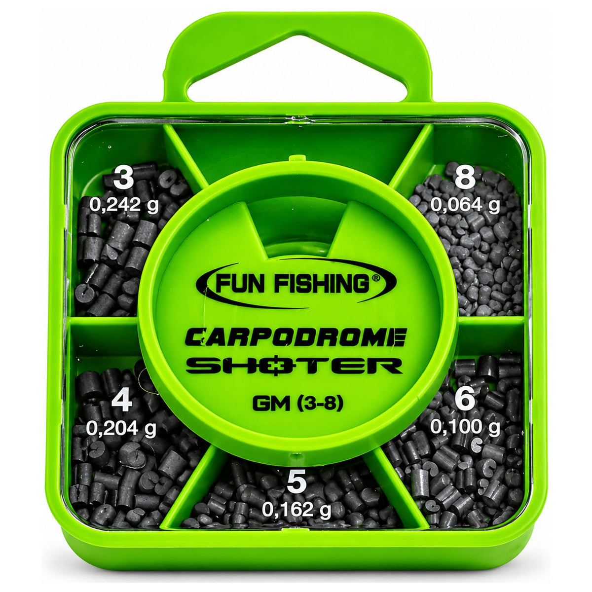 Groene Fun Fishing Carpodrome Shoter GM (3-8)-verdeeldoos met cilindrische loodjes en rond draaideksel