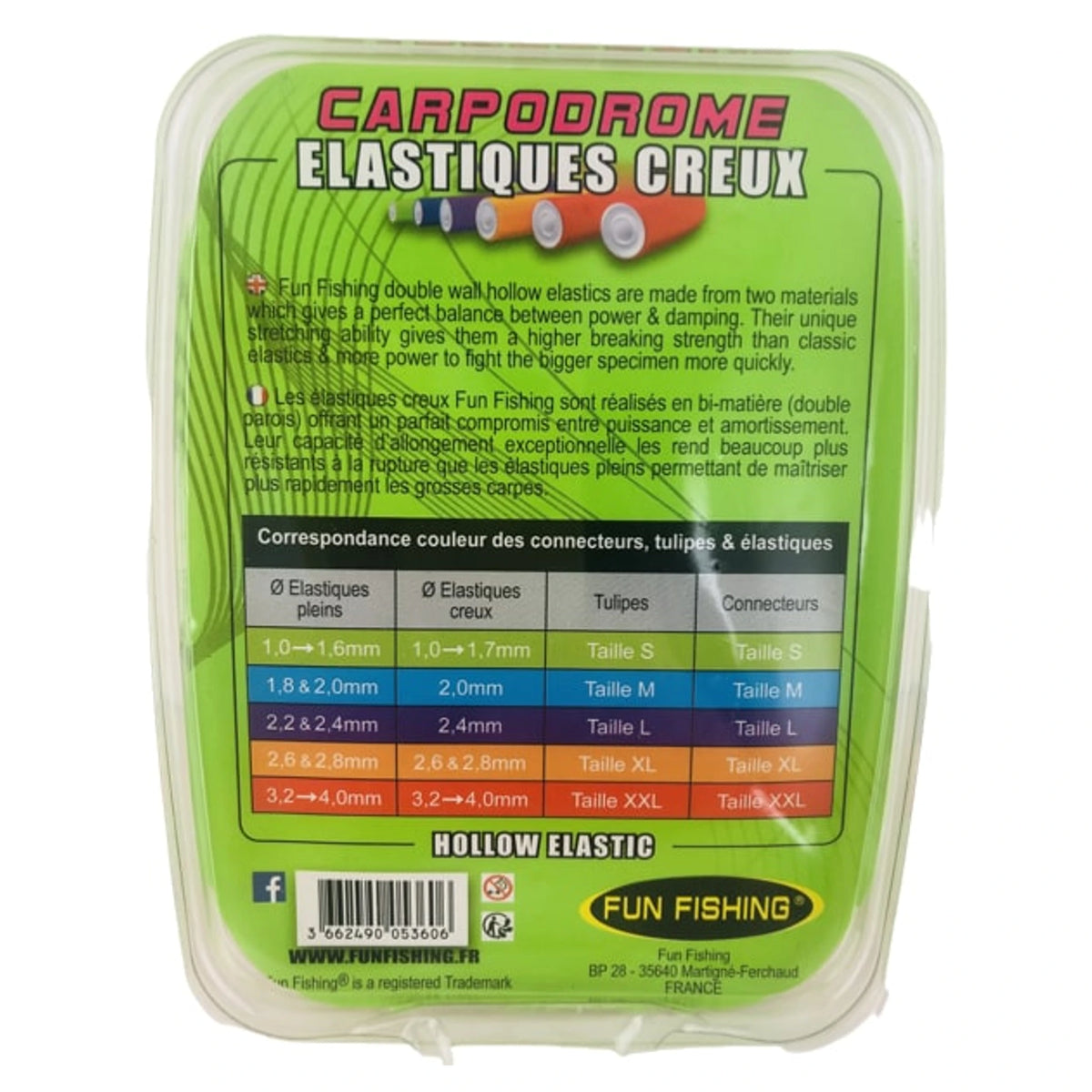 Fun Fishing Hollow Elastic 3m – achterzijde met productinformatie en maattabel