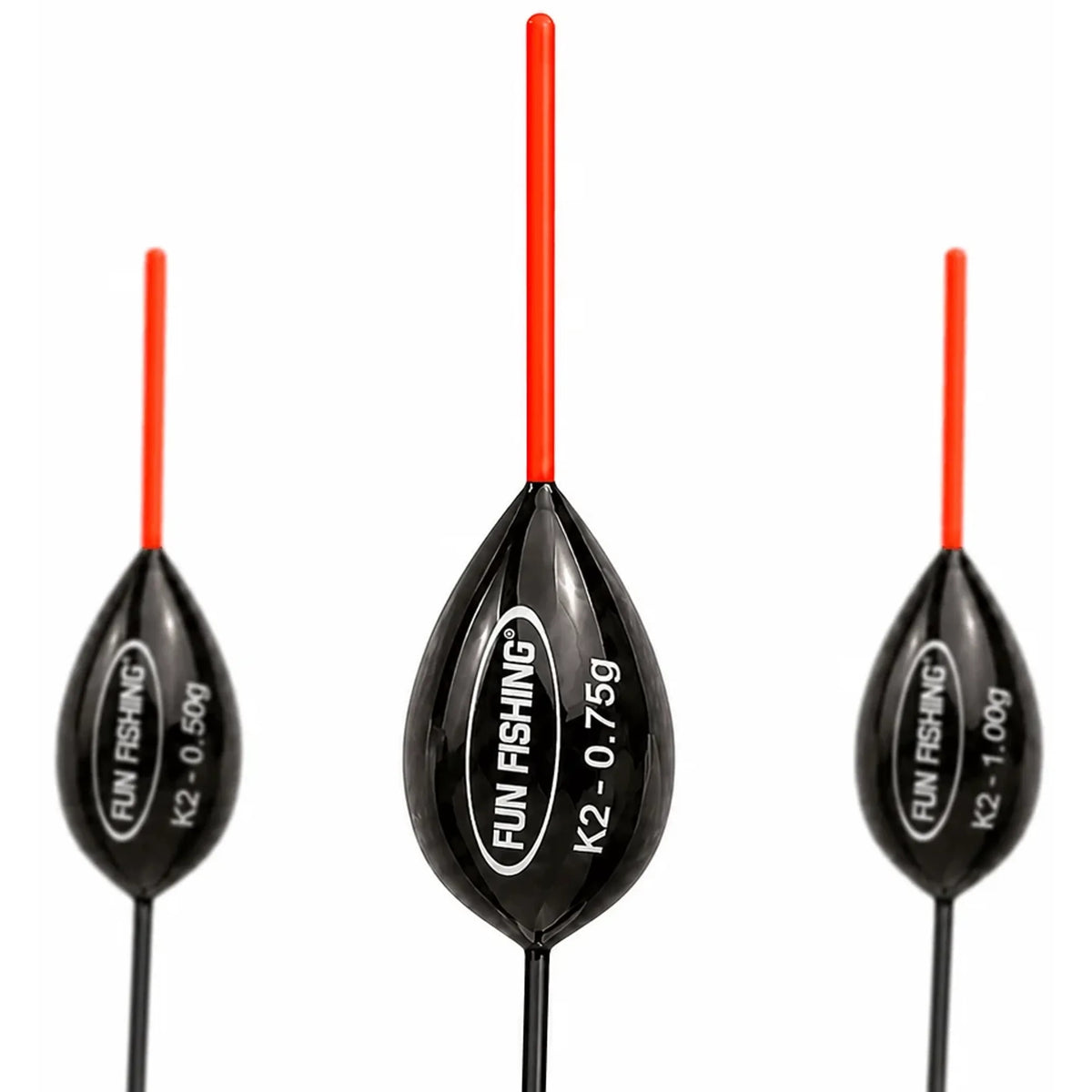 Fun Fishing K2 Pro – drie zwarte dobbers met rode antennes, middelste met 0.75g-opdruk