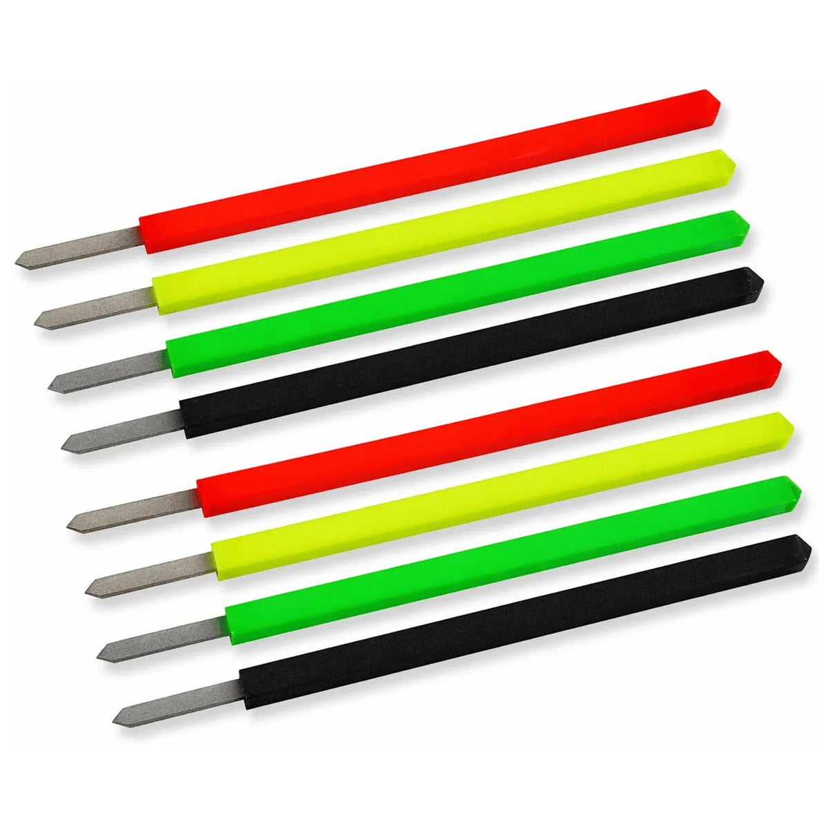 Fun Fishing K-PRO Long – acht schuingeplaatste dobberantennes in rood, geel, groen en zwart