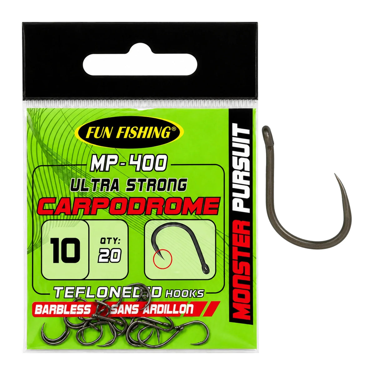 Fun Fishing MP 400 Barbless haak zonder weerhaak maat 10 – verpakking en haak