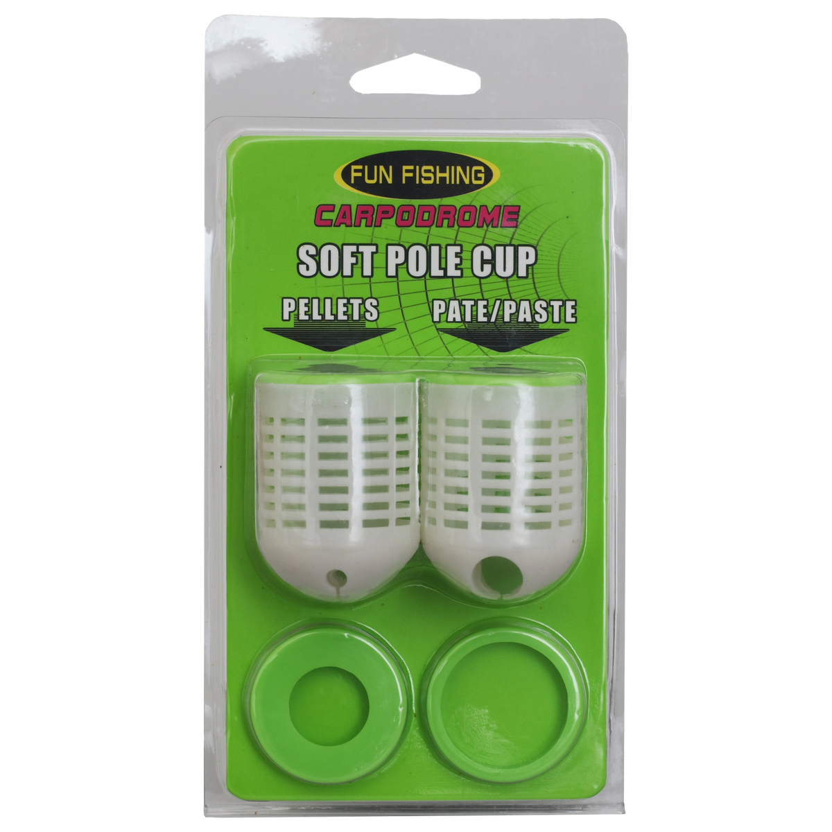 Fun Fishing Soft Pole Cup verpakking met twee witte voerpotten en twee groene deksels