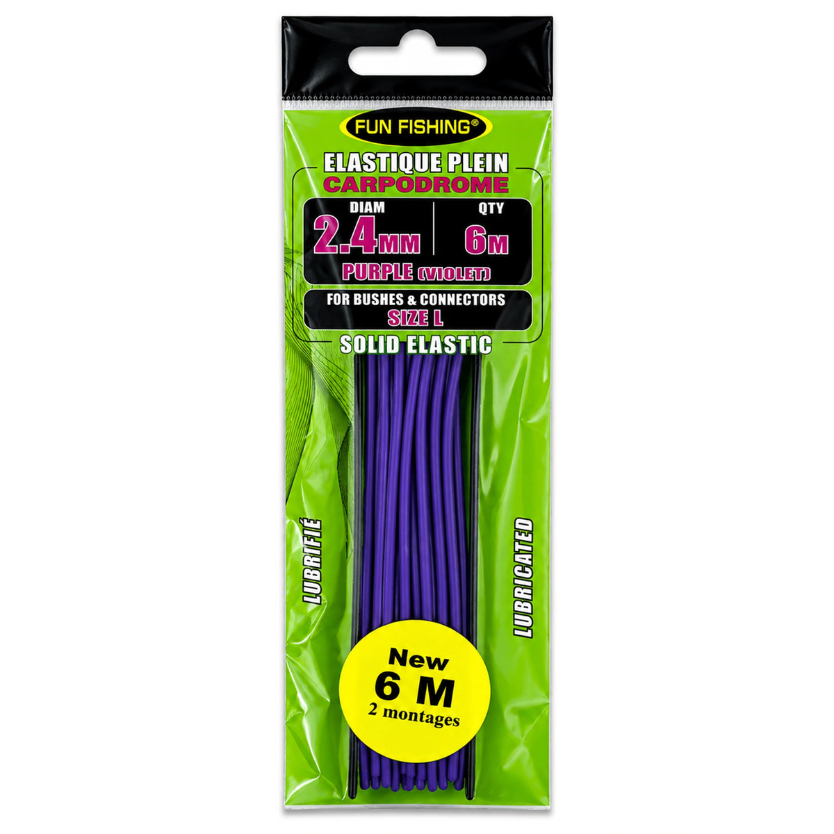 Fun Fishing Solid Elastic-verpakking met paars elastiek, opdruk 2.4 mm en 6 m en een gele ronde sticker