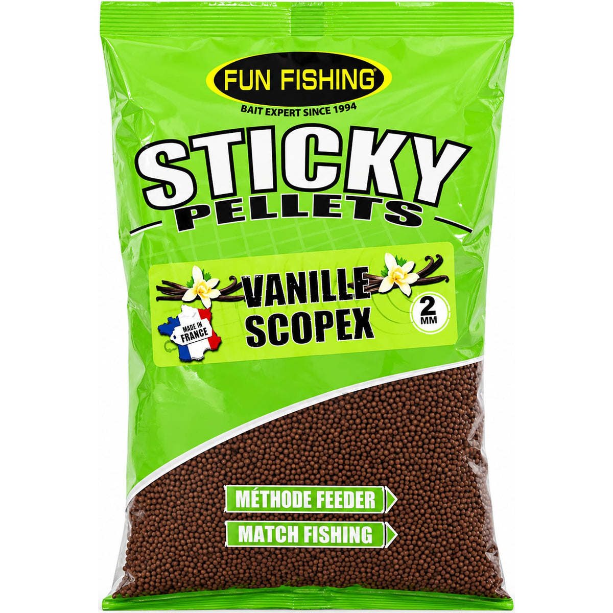 Fun Fishing Sticky Pellets Vanille Scopex – groene zak met bruine pellets, vanillebloemen en 2 mm-opdruk.