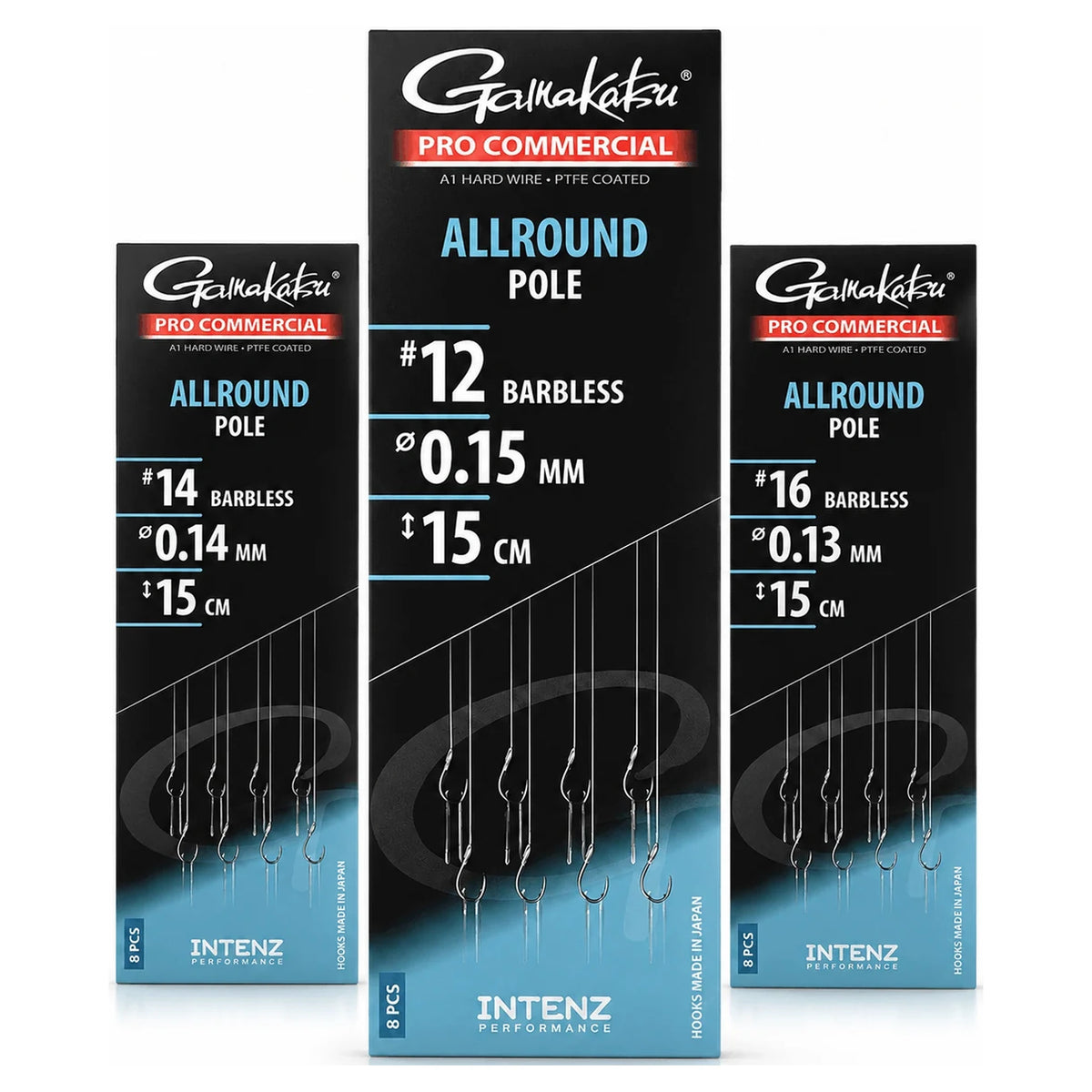 Gamakatsu Pro Commercial Allround Pole Barbless – drie verpakkingen met 15 cm onderlijnen in haakmaten 12, 14 en 16